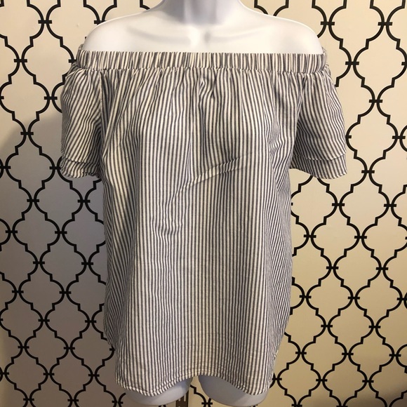 Old Navy Tops - Old Navy Off the shoulder grey and white strip top